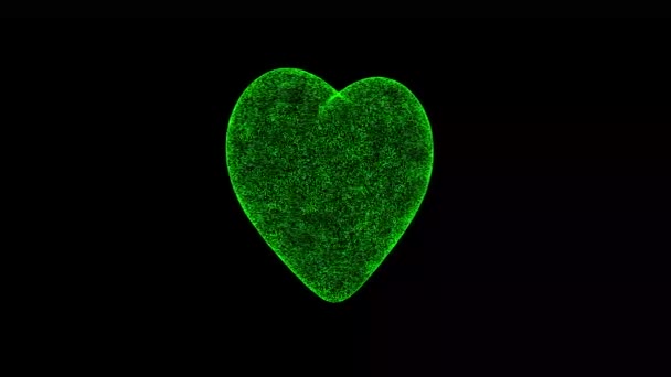 Coração Gira Preto Objeto Dissolvido Partículas Cintilantes Verdes Fps Antecedentes — Vídeo de Stock