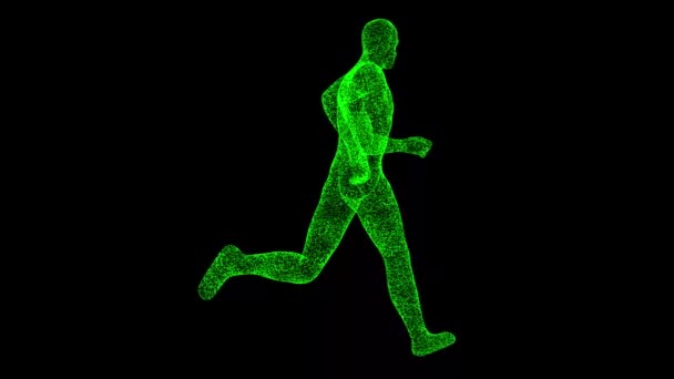 Running Man Tourne Sur Noir Objet Dissous Particules Scintillantes Vertes — Video