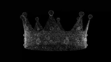 3D Royal Crown siyah bg üzerinde dönüyor. Nesne erimiş beyaz parçacıklar 60 FPS. İş için reklam arkaplanı. Bilim konsepti. Başlık, metin, sunum için. 3 Boyutlu Canlandırma.
