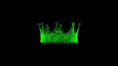 3D Royal Crown siyah bg üzerinde dönüyor. Nesne çözünmüş yeşil parçacıklar 60 FPS. İş için reklam arkaplanı. Bilim konsepti. Başlık, metin, sunum için. 3 Boyutlu Canlandırma
