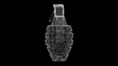 3D el bombası siyah bg üzerinde dönüyor. Nesne erimiş beyaz parçacıklar 60 FPS. İş için reklam arkaplanı. Bilim konsepti. Başlık, metin, sunum için. 3 Boyutlu Canlandırma.