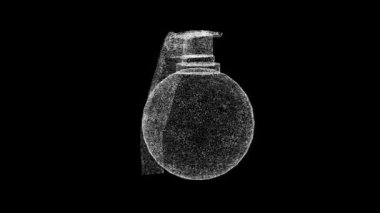 3D el bombası siyah bg üzerinde dönüyor. Nesne erimiş beyaz parçacıklar 60 FPS. İş için reklam arkaplanı. Bilim konsepti. Başlık, metin, sunum için. 3 Boyutlu Canlandırma.