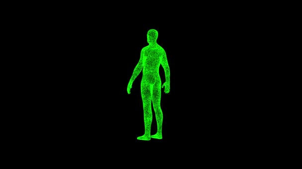 Homem Corpo Humano Gira Preto Objeto Dissolvido Partículas Cintilantes Verdes — Vídeo de Stock