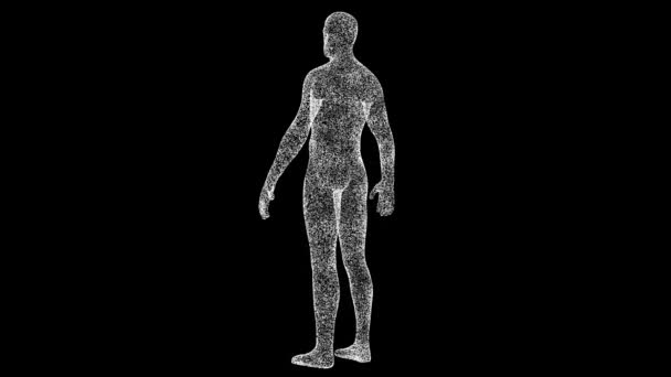 Homem Corpo Humano Gira Preto Objeto Partículas Cintilantes Brancas Dissolvidas — Vídeo de Stock