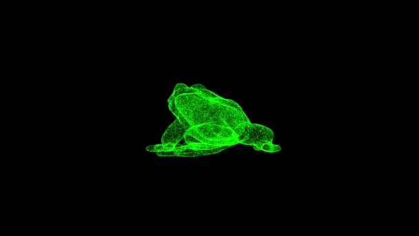 3D青蛙在黑色方块上旋转 物体溶解绿色闪烁粒子60 Fps 商业广告背景 科学概念 3D动画 — 图库视频影像