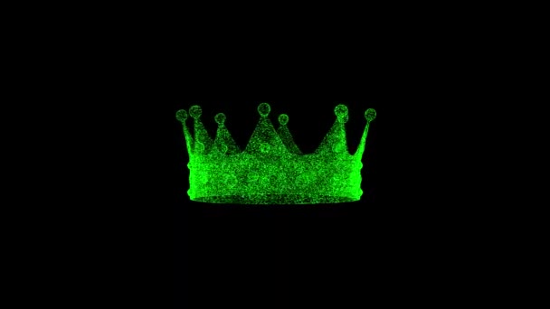 Royal Crown Otáčí Černém Objekt Rozpuštěné Zelené Blikající Částice Fps — Stock video