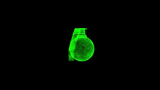 3D手榴弹在黑色方块上旋转 物体溶解绿色闪烁粒子60 Fps 商业广告背景 科学概念 3D动画 — 图库视频影像