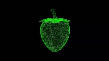 Siyah bg üzerinde 3 boyutlu çilek. Nesne, titreşen yeşil parçacıkları eritti. İş için reklam arkaplanı. Bilim konsepti. Başlık, metin, sunum için. 3 Boyutlu Canlandırma.