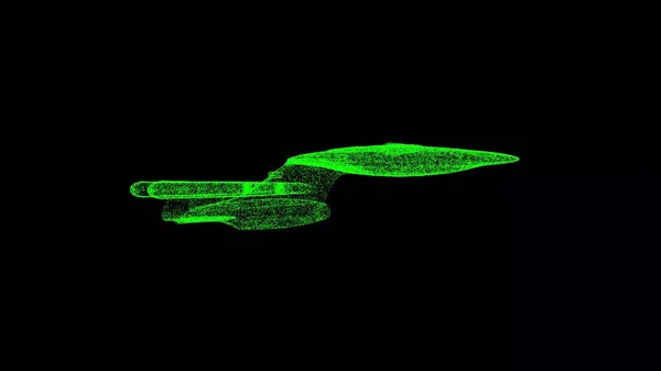 3D spaceship on black bg. Object dissolved green flickering particles. Business advertising backdrop. Science concept. For title, text, presentation. 3D animation.