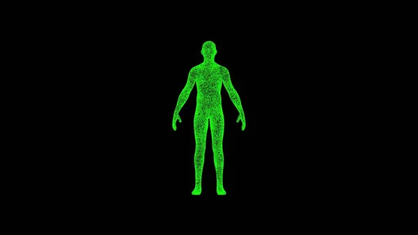 ブラック バッグの３次元人体男 物体は緑色のちらつき粒子を溶解した ビジネス広告の背景 科学の概念 タイトル テキスト プレゼンテーションのために 3Dアニメーション — ストック写真