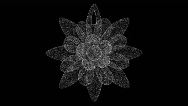 三维莲花在黑色的Bg上 物体溶解了闪烁的白色粒子 商业广告背景 科学概念 3D动画 — 图库照片