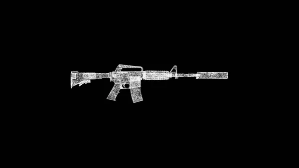 黑色枪托上的3D自动步枪 物体溶解了闪烁的白色粒子 商业广告背景 科学概念 3D动画 — 图库照片