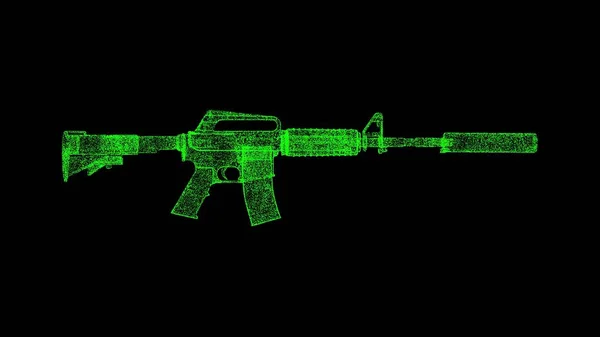 Rifle Automático Negro Objeto Disuelto Partículas Verdes Parpadeantes Fondo Publicidad — Foto de Stock