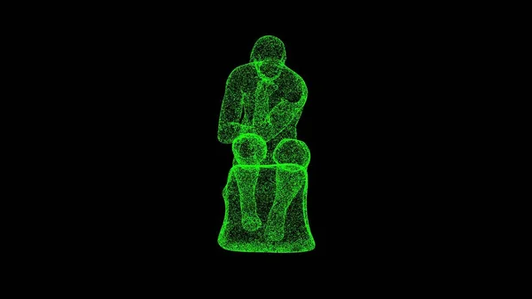 3D statue of a thinker on black bg. Object dissolved green flickering particles. Business advertising backdrop. Science concept. For title, text, presentation. 3D animation.