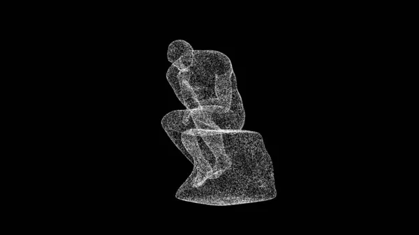 黑色方块上的一个思想家的3D雕像 物体溶解了闪烁的白色粒子 商业广告背景 科学概念 3D动画 — 图库照片