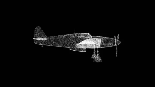 黒のバッグに3Dプロペラ駆動航空機 物体は白いちらつき粒子を溶解した ビジネス広告の背景 科学の概念 タイトル テキスト プレゼンテーションのために 3Dアニメーション — ストック写真
