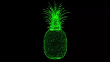 Üç boyutlu ananas siyah bg üzerinde döner. Nesne çözünmüş yeşil parçacıklar 60 FPS. İş için reklam arkaplanı. Bilim konsepti. Başlık, metin, sunum için. 3 Boyutlu Canlandırma.