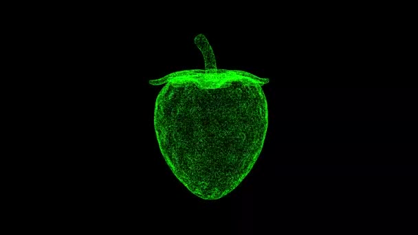 3D草莓在黑色的Bg上旋转 物体溶解绿色闪烁粒子60 Fps 商业广告背景 科学概念 3D动画 — 图库视频影像