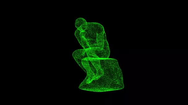 Statue Penseur Tourne Sur Noir Objet Dissous Particules Scintillantes Vertes — Video