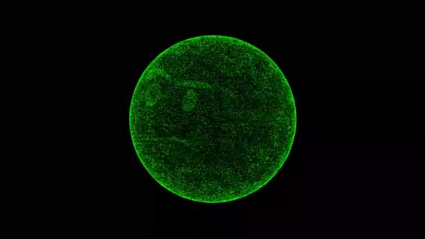 3D悲伤球在黑色的Bg上旋转 物体溶解绿色闪烁粒子60 Fps 商业广告背景 科学概念 3D动画 — 图库视频影像
