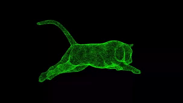 3D飞虎以黑色的Bg旋转 物体溶解绿色闪烁粒子60 Fps 商业广告背景 科学概念 3D动画 — 图库视频影像