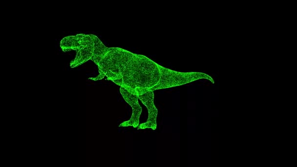 3D恐龙T Rex在黑色Bg上旋转 物体溶解绿色闪烁粒子60 Fps 商业广告背景 科学概念 3D动画 — 图库视频影像