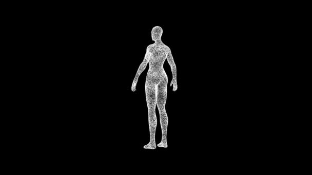 Figura Femenina Gira Sobre Negro Objeto Disuelto Blanco Partículas Parpadeantes — Vídeos de Stock