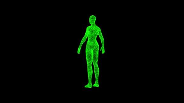 Figura Feminina Gira Preto Objeto Dissolvido Partículas Cintilantes Verdes Fps — Vídeo de Stock