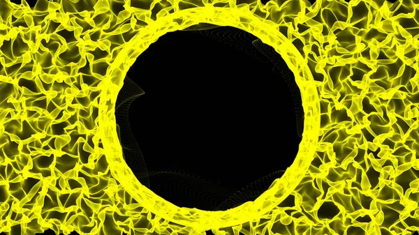 Hot flaming circle with ember. Explosive colored gases and gold flames on black background. Perfect for text or logo placement. 3D rendering.