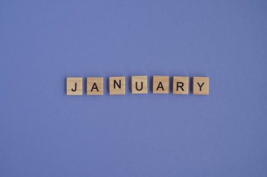 The first month of the year JANUARY -from isolated letters on wooden blocks in natural color, in high resolution. Very Peri background, copy space. Flat lay, step by step, step1