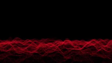3D Abstract background with waving dotted surface, moving and flickering red particles, lines and stripes. Animation of seamless loop. Etheric field. 3D animation