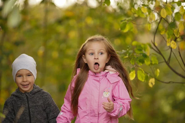 公园里孩子们脸上洋溢着愉快的情绪 令人惊奇的秋天漫步在森林中 — 图库照片
