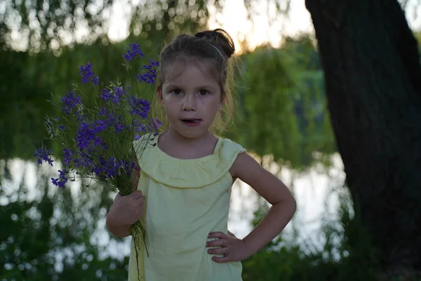 一个嬉皮士女孩手里拿着一束野花 小女孩手里拿着一大束紫色的羽扇豆 自然概念 出席情况 — 图库照片