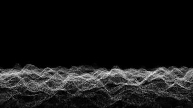 3D Abstract background with waving dotted surface, moving and flickering white particles, lines and stripes. Animation of seamless loop. Etheric field. 3D animation