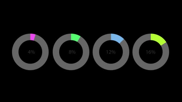 Four Radial Circular Chart Different Percentages Diagram Elements Isolated Black — Stock Video