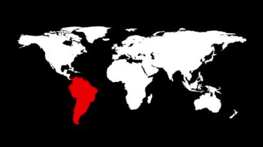 Kızıl Güney Amerika ile dünya haritası animasyonu. Tüm kıtaları siyah arkaplanda bir dünya haritasına yerleştirmek. Bilgi tasarımı. İş ya da seyahat konsepti. Virüs enfeksiyonu. 60 fps 3D animasyon.
