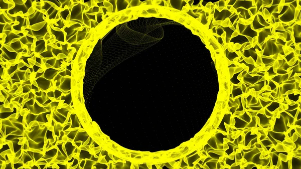 Hot flaming circle with ember. Explosive colored gases and yellow flames on black background. Perfect for text or logo placement. 3D rendering.