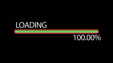 Yeşil yükleme ilerleme çubuğu pikselli ilerleme indiriyor. Durum çubuğu, siyah arkaplanda 0 'dan 100' e aktarılıyor. Yüzde göstergesi. İlerleme çubuğu güncellemesi. 3 Boyutlu Canlandırma.
