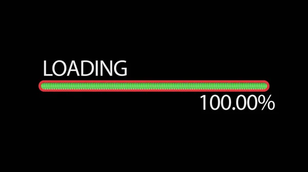 Green loading progress bar downloading pixelated progress. Status bar, processing from 0 to 100 transfer on black background. Percent indicator. Futuristic updating progress bar. 3D animation.