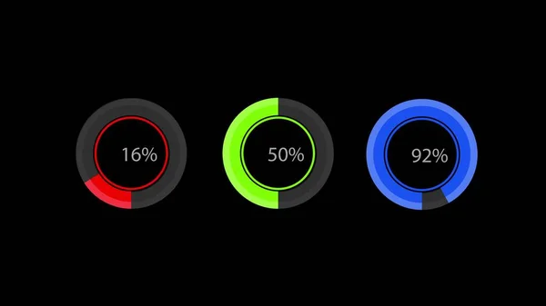 Три Радиальных Круговых Индикатора Прогресса Разным Процентом Яркие Простые Элементы — стоковое фото