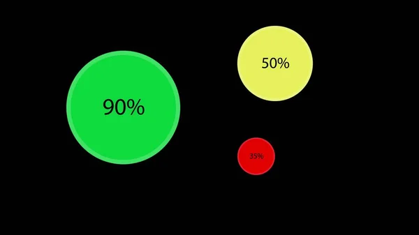 圆形图形 不同尺寸的多色圆圈 黑色背景上有不同的百分比 商业信息概念 有百分比的成长图表 3D动画 — 图库照片