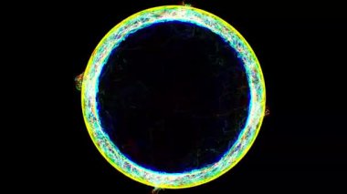 Yanan ateş çemberi siyah arka planda döner. Halka patlamasından yayılan alevler ve kıvılcımlar. Ortasında kopyalama alanı olan cehennem plazması. 60 fps 3B görüntüleme.