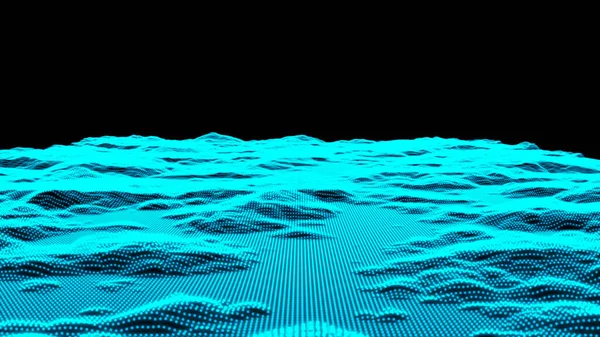 Stock image Abstract blue digital landscape with particles dots and stars on horizon. Wireframe landscape background. Big Data. 3d futuristic. 80s Retro Sci-Fi Background. 3D rendering.