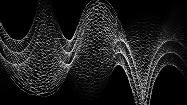 黒い背景に波状の交差線の流れ 線と網だ ダイナミックな波を持つ未来的なドットの背景 ビッグデータだ 60Fps 3Dレンダリング — ストック動画