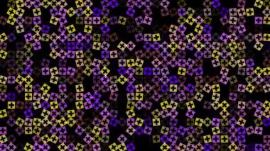 Siyah arka planda çok renkli parlama artıları. Reklam için soyut şenlik arka planı, tebrikler, mesaj. Renkli yaratıcı düz dinamik şekiller animasyon yaratır. İş banyosu. 60 fps 3B görüntüleyici.