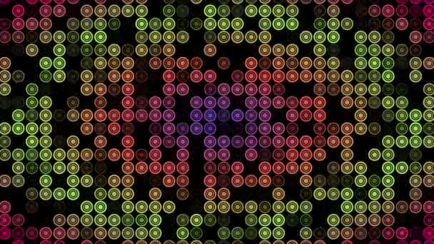 在黑色背景上的五彩斑斓的闪光圆圈 文字的节日背景 五彩缤纷的创意扁平动态塑造动画 业务Bg Fps 3D渲染 — 图库视频影像