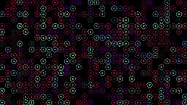 Gekleurde Knipperende Draaiende Hexagons Zwarte Abstracte Feestelijke Achtergrond Voor Reclame — Stockvideo