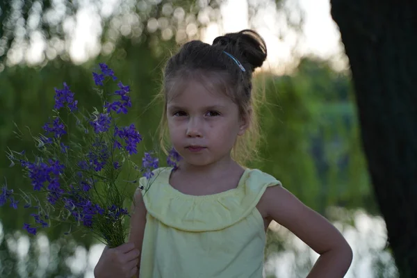 5岁的小女孩抱着鲜花在外面笑 看着摄像机 夏季时间 — 图库照片
