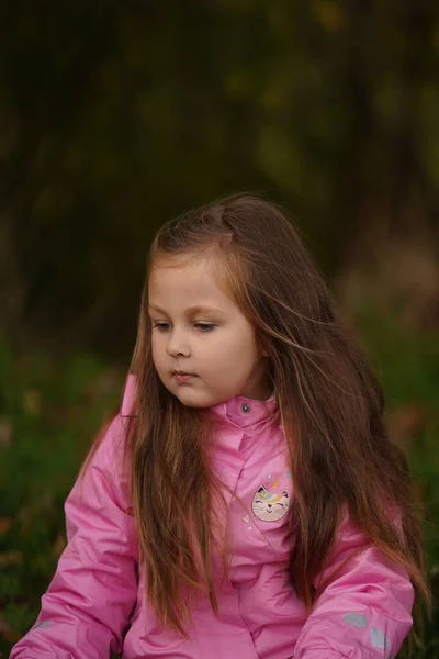 Egy Piros Kabátos Kislány Őszi Leveleket Kap Amint Egy Takarón — Stock Fotó