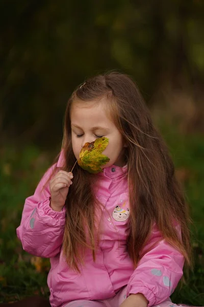 Holčička Žlutým Listem Dítě Hraje Podzimními Zlatými Listy Děti Hrají — Stock fotografie
